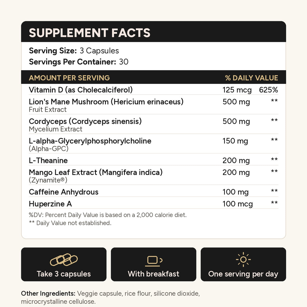 BrainStack Supplement Facts panel with every dose listed