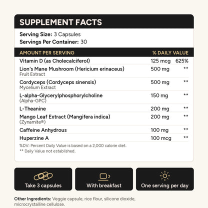 BrainStack Supplement Facts panel with every dose listed
