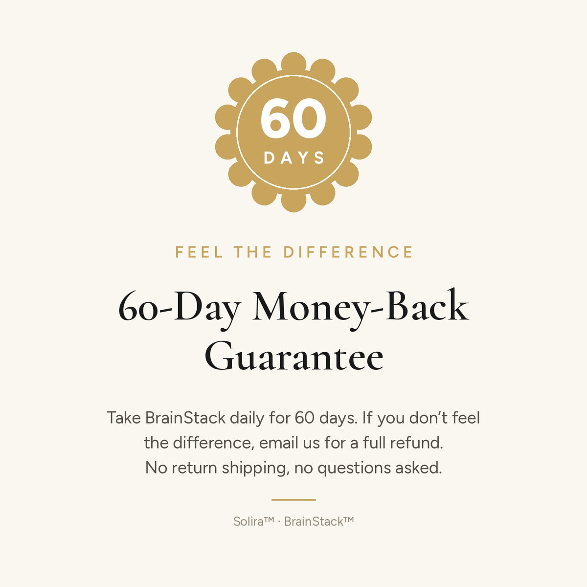 60-day money-back guarantee: take BrainStack daily for 60 days or get a full refund