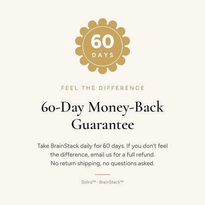60-day money-back guarantee: take BrainStack daily for 60 days or get a full refund